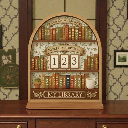 Discover Cozy Cottage Library Book Tracker, Personalized Book Read This Year Sign, Autumn Green Bookshelf Decor, Custom Bookworm Gift, Reading Room