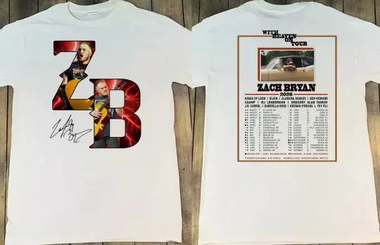 Discover Zach Bryan With Heaven On Tour 2026 T-Shirt white Cotton PP2756