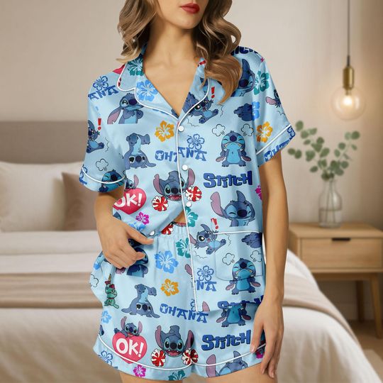 Discover Stitch Pajama Set for Women, Cute Cartoon Short Sleeve Pajamas, Blue Summer PJ Shorts Set, Gift for Stitch Fans