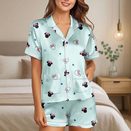 Discover Disney Mickey Short Satin Pajamas, Mickey and Minnie Couple Sleepwear, Disney Family Vacation Pjs, Magic Kingdom Gift For Women