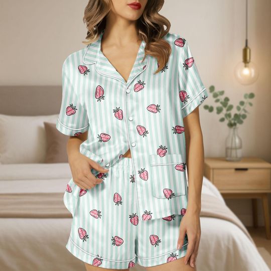 Discover Strawberry Pajama Set Women, Pink Satin Short Sleeve Button Up Sleepwear, Cute Summer Pajamas, Gift For Her
