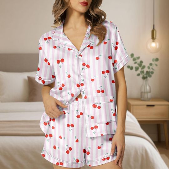 Discover Cherry Pajama Set for Women, Pink Striped Short Sleeve Satin Pajamas, Cute Fruit Sleepwear, Summer Lounge Set Gift