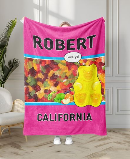 Personalised Gummy Bear Candy Fleece Blanket - Custom Name Throw for Home & Living
