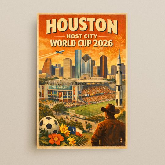 Discover Houston 2026 Soccer World Cup Poster | Retro Travel Art | World Cup Host City Print | Texas Soccer Wall Art | Vintage Football Decor