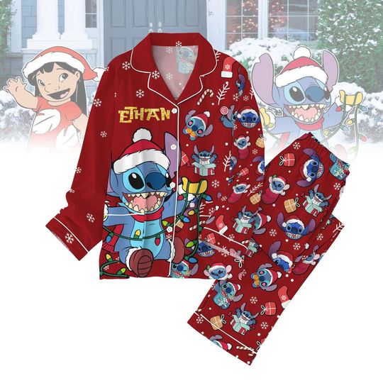 Discover Christmas Stitch Pajamas, Stitch Lilo Family Pajamas, Personalized Xmas Sleepwear Set, Disney Cartoon Loungewear Set
