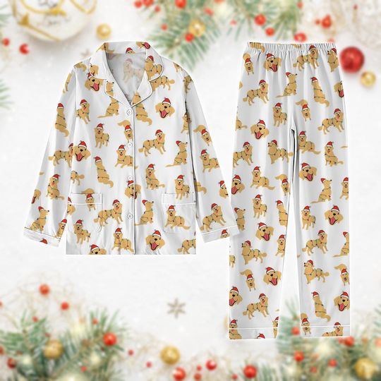 Christmas Golden Retriever Pajamas Set, Dog Xmas Holiday Pjs, Christmas New Year Sleepwear For Women, Retriever Dog Mom Loungewear Set