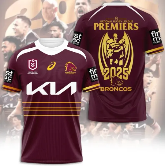Discover Brisbane Broncos 2025 NRL Premiers Unisex 3D AOP T-Shirt