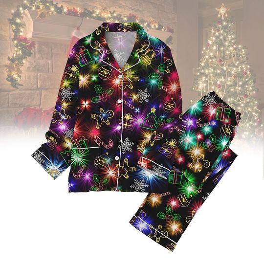 Discover Christmas Bright Neon Lighting Pajamas Set, Neon Lighting Xmas Holiday Sleepwear Set, Christmas Loungewear For Men Women Kid