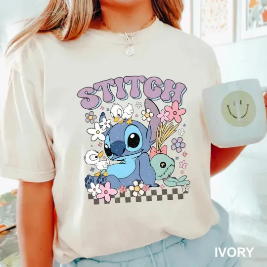 Discover Disney Lilo And Stitch Stitch With Scrump Floral Ivory Comfort Colors T-shirt