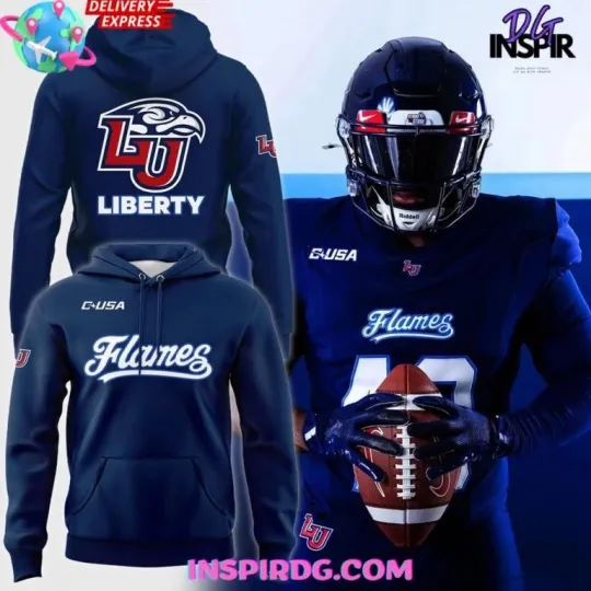 Discover Liberty Flames Football Navy Uniform Hoodie 3D 2025