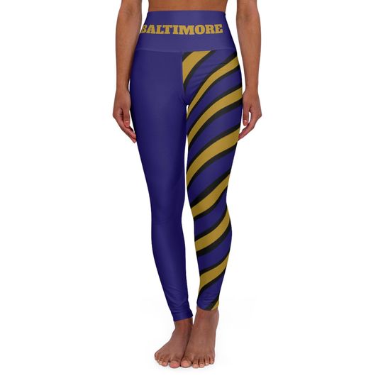 Purple and Gold High Waisted Yoga Leggings with Baltimore Theme for Football Fans