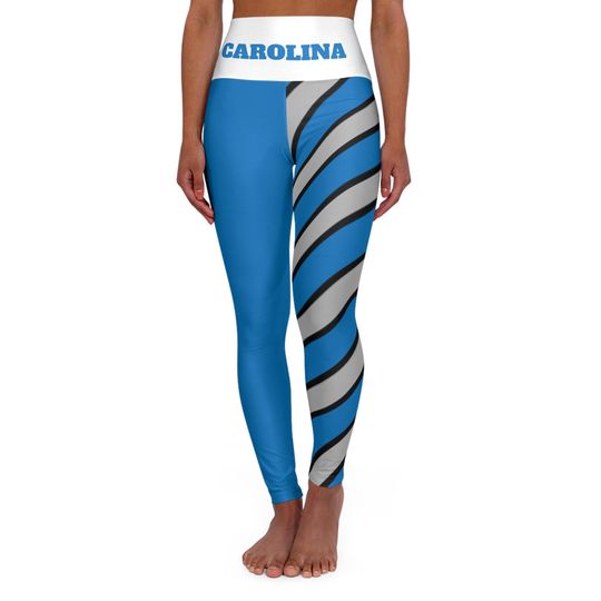 Blue and Silver High Waist Yoga Leggings with Stripes, Carolina Football Themed, Gift for Her