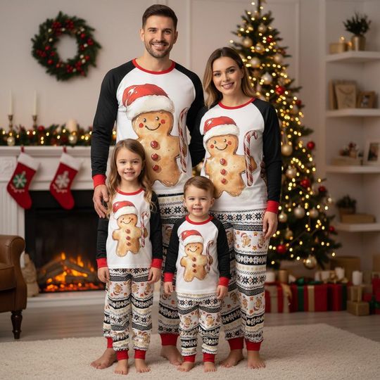 Gingerbread Man Christmas Pajamas Set, Cute Holiday Loungewear Set, Matching Family Xmas Sleepwear, Santa Candy Cane Pajama Outfit Gift