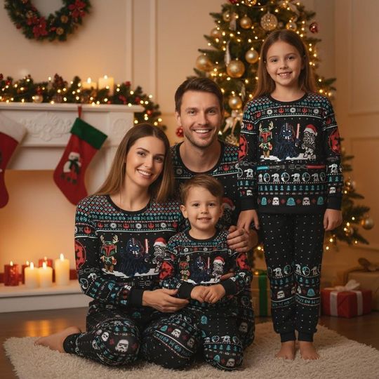 Discover Darth Vader Christmas Pajamas Set, Boba Fett And Stormtrooper Santa Hat Sleepwear Set, Disney Movie Matching Family Pajamas