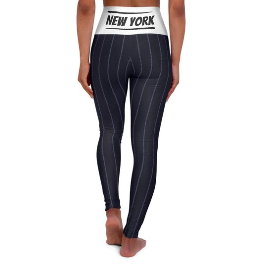 Black and White Pinstriped Women's High Waisted Baseball Leggings, NY Vintage New York Sports Yoga Pants