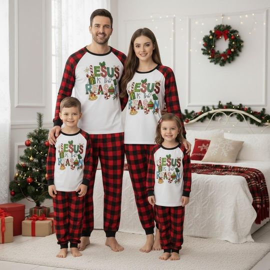 Discover Religious Long Sleeve Pajamas Set, Jesus is the Reason Christmas Pajamas Family, Matching Pajamas Holiday Gift