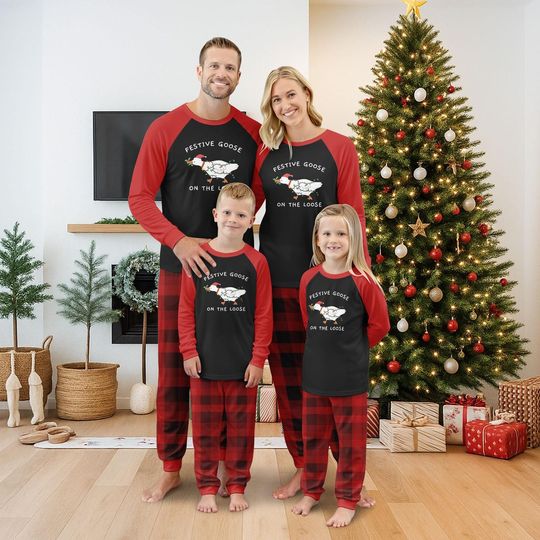 Discover Festive Goose On The Loose Pajamas Set, Funny Goose Xmas Pajamas Family, Matching Long Sleeve Pajamas, Duck Santa Hat Holiday Sleepwear Set