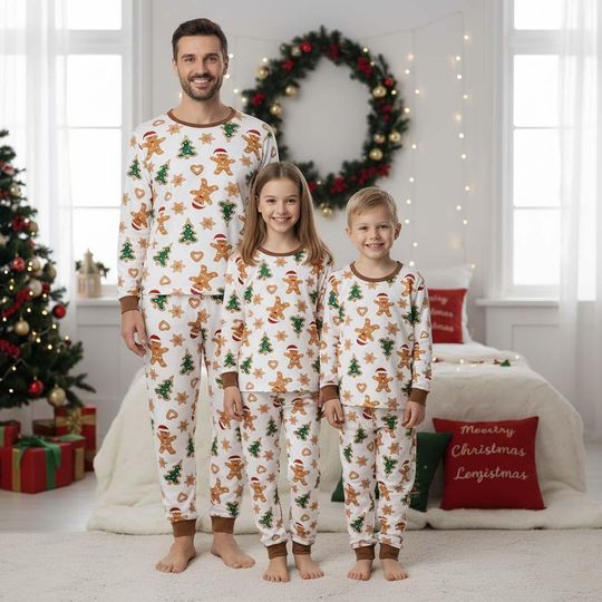 Discover Gingerbread Long Sleeve Pajamas Set, Holiday Christmas Pajamas Family, Matching Gingerbread Pajamas, Cute Xmas Gift