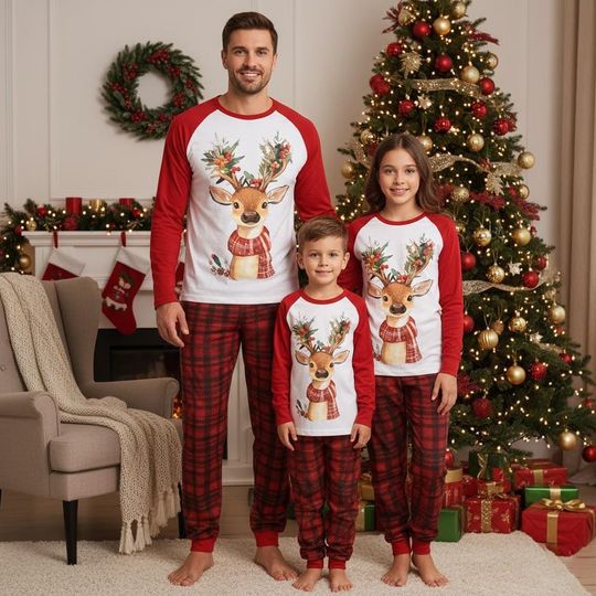 Reindeer Christmas Pajamas Set, Buffalo Plaid Holiday Sleepwear Set, Cozy Family Matching Xmas PJs, Rustic Reindeer Outfit, Winter Gift 202
