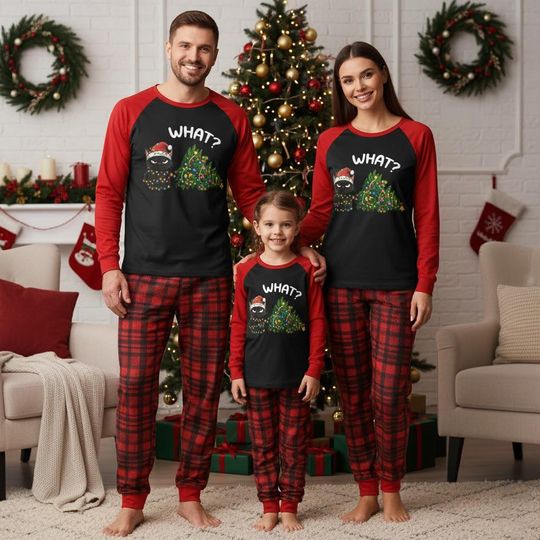 Discover Funny Cat Christmas Pajamas Set, Grumpy Cat Holiday PJs Set, Cute Plaid Sleepwear Outfit, Cat Lover Xmas Loungewear, Funny Gift For Pet Own