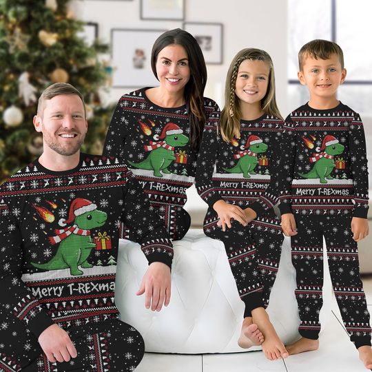 Merry T-Rexmas Dinosaur Christmas Pajamas Set, Funny Dinosaur Santa Hat Sleepwear, Funny Holiday Pajama Outfit, Christmas Gift for Men Women