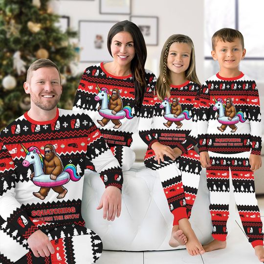 Christmas Bigfoot Family Pajamas Set, Sasquatch Matching Pajamas, Squatching Through The Snow Pajama Outfit, Holiday Gift for Men Women