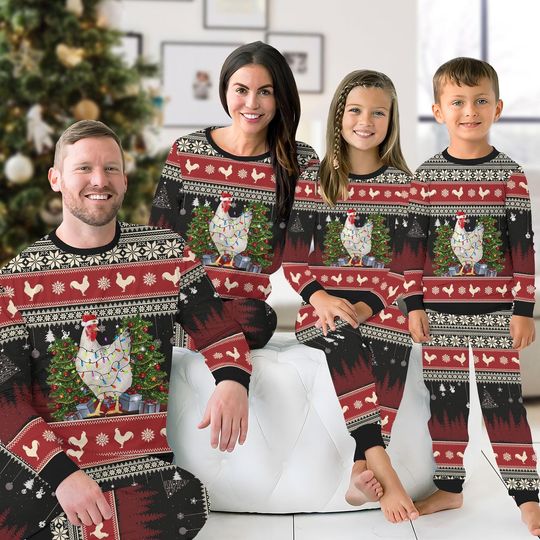 Christmas Chicken Family Pajamas Set, Farmer Christmas Holiday Pajamas, Chicken Xmas Tree Lights Matching Pajamas, Winter Season Shirt