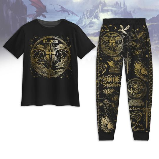 Fourth Wing Pajamas Set, Fly Or Die Tshirt And Pants Set, Dragon Rider Loungewear, Basgiath War College Pajamas Pants, Violet Sorrengai