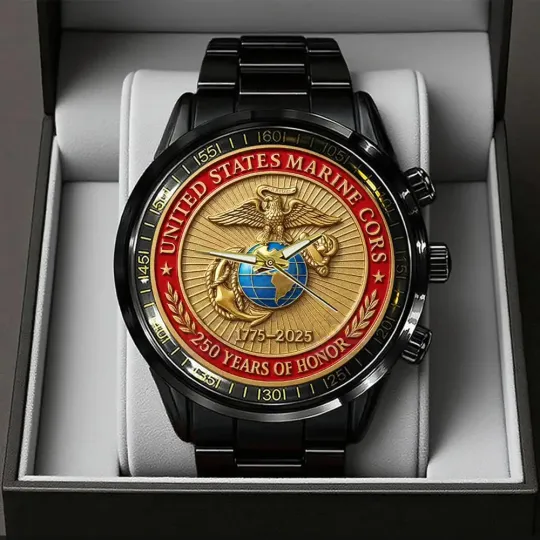 US Marine Corps 250th Anniversary Black Stainless Steel Watch – 1775-2025