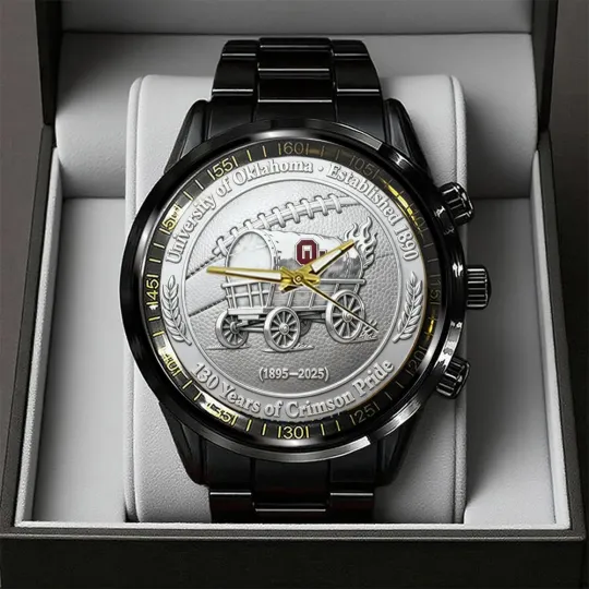 Discover Oklahoma Sooners Football 130th Anniversary 2025 Black Stainless Steel Watch