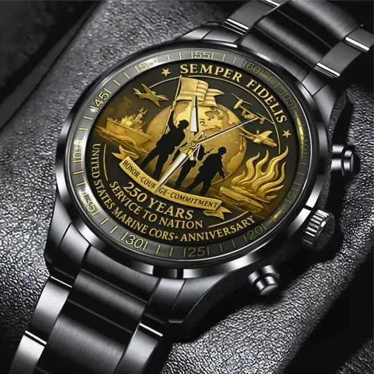 US Marine Corps 250 Years Black Stainless Steel Watch