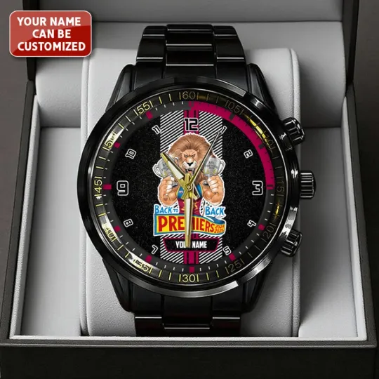 Discover Personalized Brisbane Lions Premiers 2025 Black Stainless Steel Watch