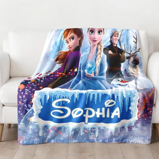 Discover Personalized Main Characters In Icy Place Plush Fleece Blanket, Custom Name Animated Movie Blanket, Magic Kingdom, Birthday Gift, Home Decor