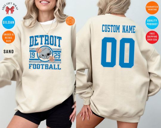 Discover Custom Detroit Football Sweatshirt: Personalized Name & Number On The Back, Lion Jersey