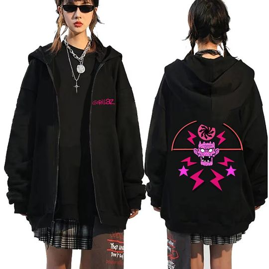 Discover Rock Band Gorillaz Skeleton Graphic Zipper Hoodie Men Women Gothic Oversized Zip Up Sweatshirt Man Hip Hop Fashion Zip Up Jacket