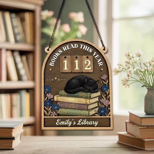Custom Books Read This Year Sign, Personalized Reading Tracker Plaque, Cat and Succulent Decor