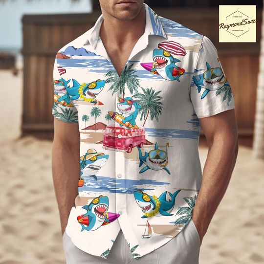 Discover Shark Button Up Shirt Holiday, Shark Tropical Hawaiian Shirt, Shark Beach Shirt, Tropical Shark Hawaiian Shirt