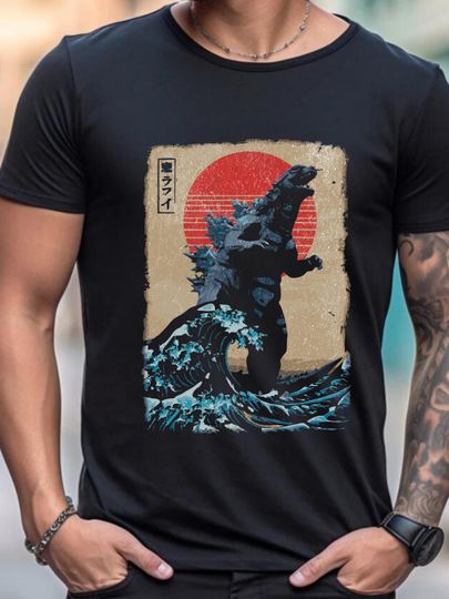 Discover Retro Japanese god zilla Wave Graphic Tee - Vintage Kaiju Sweatshirt