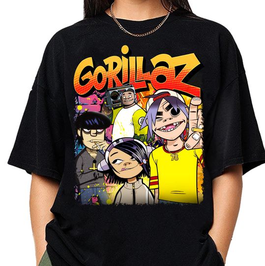 Gorillaz Cartoon Band T-Shirt, Retro Music Graphic Tee, Alternative Rock Band Shirt