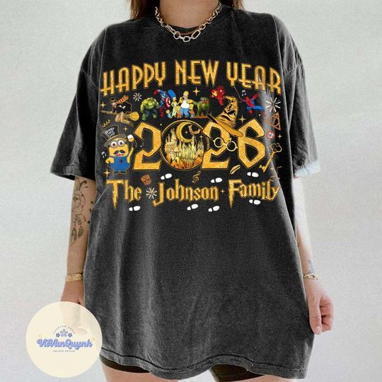 Discover Personalized Universal Studios Happy New Year 2026 shirt, Family Christmas vacation trip shirt, New Year Eve Hollywood Studios Disney Tee