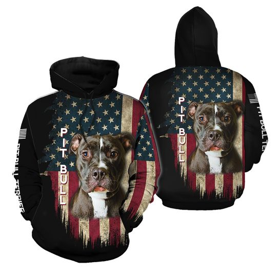 Pit Bull Terrier American Flag 3D HOODIE All Over Print Gift For Dog Lover
