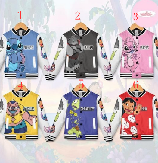 Personalized Disney Lilo & Stitch Baseball Jacket, Stitch Angel Jumba Pleakley Group Kids Youth Adult Baseball Team