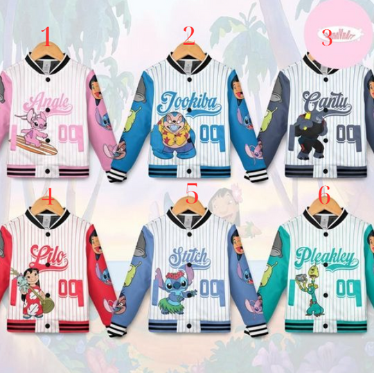 Personalized Disney Lilo & Stitch Baseball Jacket, Stitch Angel Jumba Pleakley Birthday Group Kids Youth Adult Team