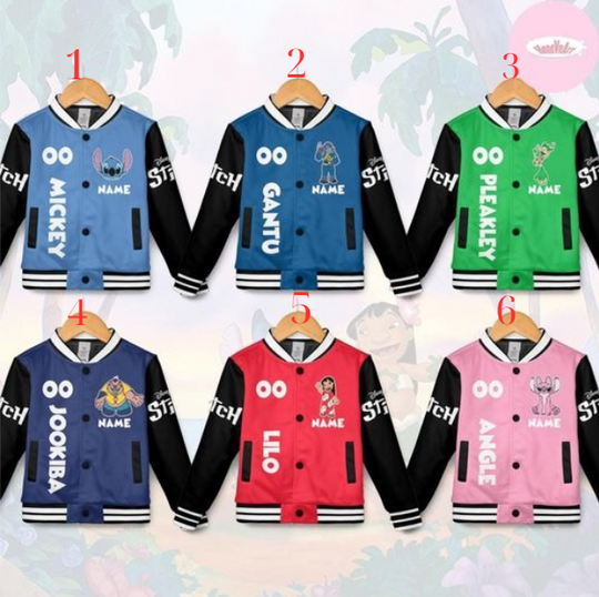 Personalized Disney Lilo & Stitch Baseball Jacket, Stitch Angel Jumba Pleakley Group Kids Youth Adult Baseball Team
