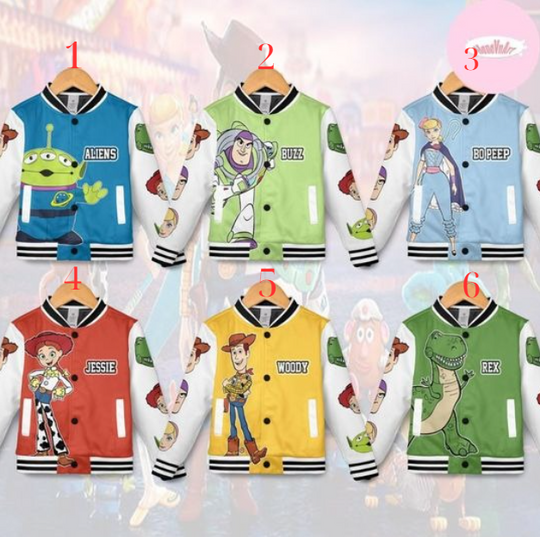 Personalized Disney Toy Story Baseball Jacket, Buzz Lightyear Woody Jessie Bo Peep Rex Group Kid Youth Adult Baseball Team