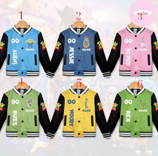 Personalized Disney Toy Story Baseball Jacket, Buzz Lightyear Woody Jessie Bo Peep Group Kids Youth Adult Baseball Team