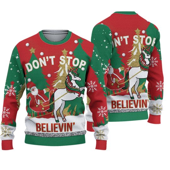 Ugly Christmas Women’s Large Sweater Don't Stop Believin Juniors Unicorn Santa