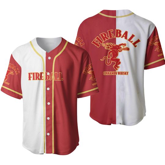 White and Red FireBall Baseball Jersey, FireBall Jersey Shirt, FireBall Baseball Shirt