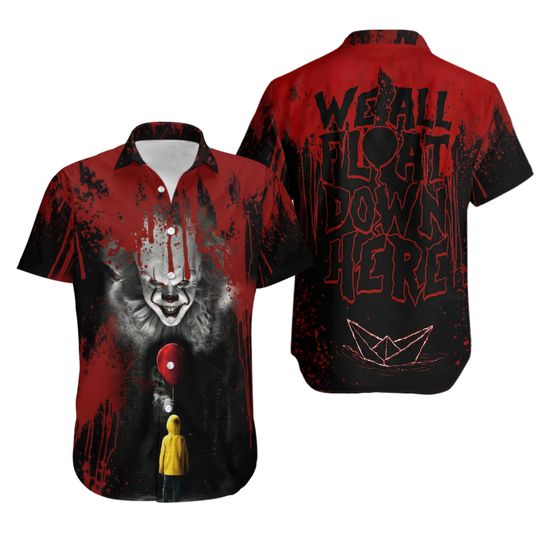 Pennywise Clown Hawaii Shirt, Pennywise It Movie Button Shirt, Pennywise We All Float Down Here Shirt, Horror Pennywise Aloha Shirt Men