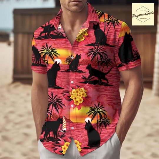 Discover Black Cat Hawaiian Shirt, Black Cat Sunset Tropical Hawaiian, Tropical Cat Beach Shirt, Cat Lover Gifts, Cat Button Shirt Holiday